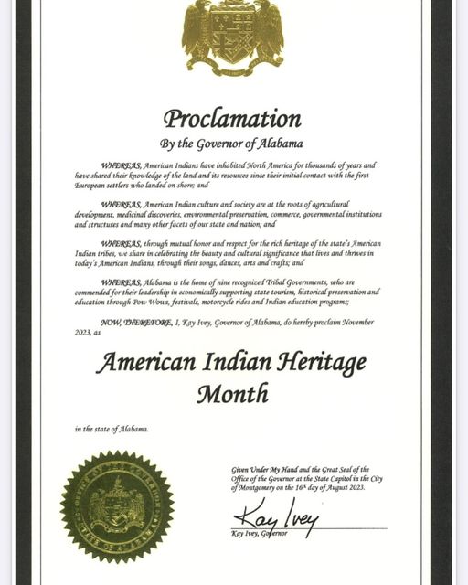 Alabama State Tribes Recognized Proclamation for American Indian Heritage Month