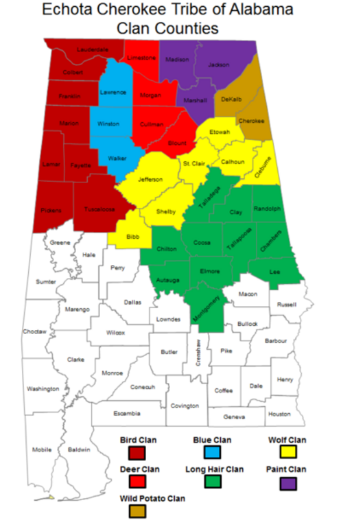 Map of Alabama with Echota Clans marked on it.