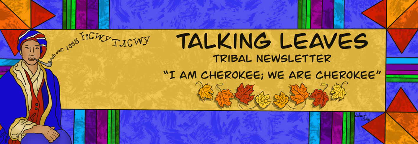 Sequoyah smoking a pipe with the words coming out I am Cherokee; We are Cherokee on a banner.